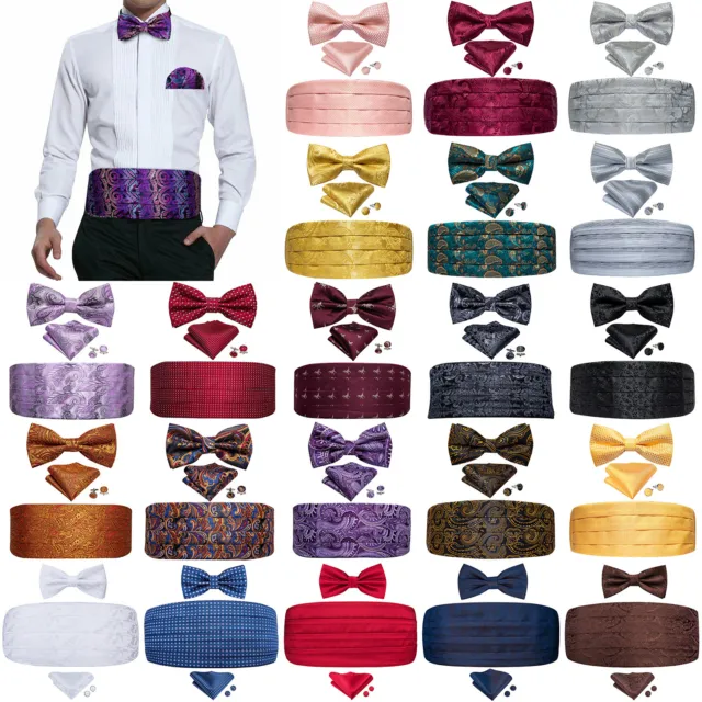 Mens Silk Red Black Purple Gold Blue Cummerbund Bow Tie Handkerchief Cufflinks