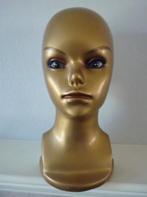 Vintage Mannequin Styrofoam Gold Plastic Face Head Wig Hat Display 13"