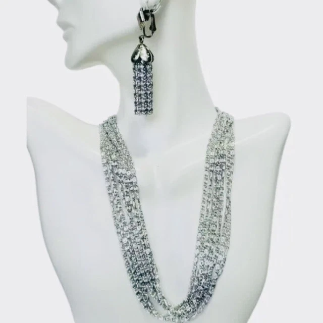 Sarah Coventry Womens Silver Tone Layered Chain Necklace Tassel Earrings Set 16”