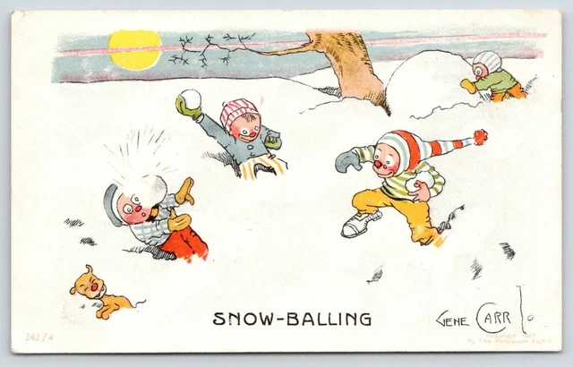 Gene Carr~Snow-Balling~Rowdy Boys in Snowball Fight~Build Snowman~Dog~1908 PC