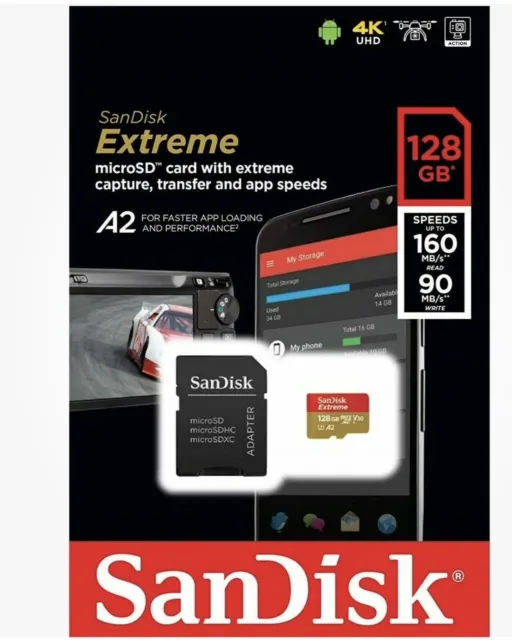 SANDISK® Extreme® 128GB microSDXC UHS-I Card C10 V30 U3 A2 160MB/s + Adapter New