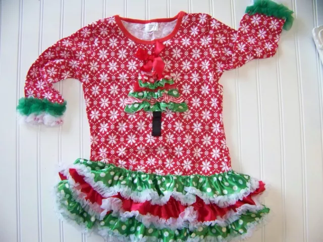 Girl's Christmas Snowflake ruffle dress size 5 red and white with ribbon tree