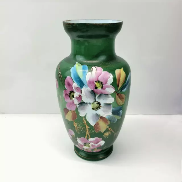 Hand Painted Green Floral Vase Glass Vintage Pink White Blue Flowers Gold