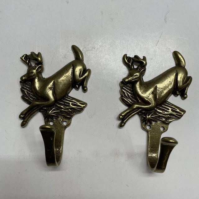 Pair Solid Brass Whitetail Buck Deer Coat /Cap Hooks Hat Hanger Metal Wall Hooks