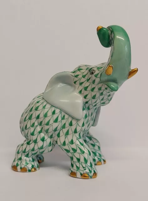 Herend Hungary Hand Painted Green Fishnet Elephant Trunk Up Model 15265. 2