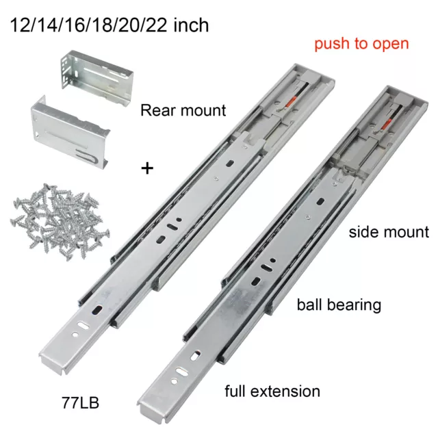 Push to Open Drawer Slides 12/14/16/18/20/22" Full Extension side or rear mount