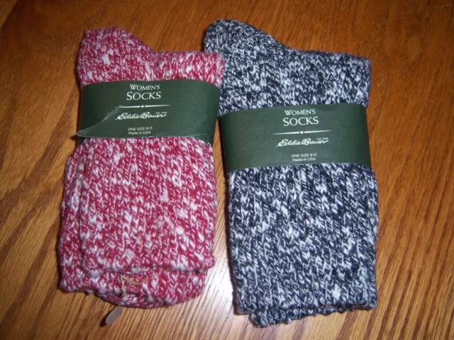 Two Pair  EDDIE BAUER Crew Hiker Socks One Red & One Gray One Size 9-11 NEW