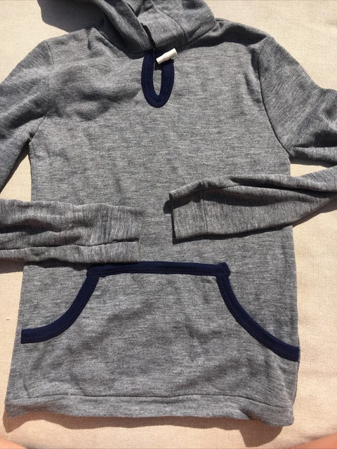 Felpa con cappuccio originale anni '70 UK per bambini realizzata con stile USA grigia e tubazioni blu navy