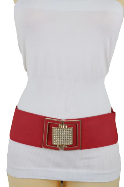 Women Red Elastic Band Young Youth Fashion Teen Belt Gold Square Buckle Size S M
