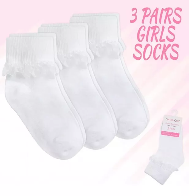3 Pairs Girls Kids White Frilly Lace Cotton Ankle School Socks Size 6-8.5 /23-26