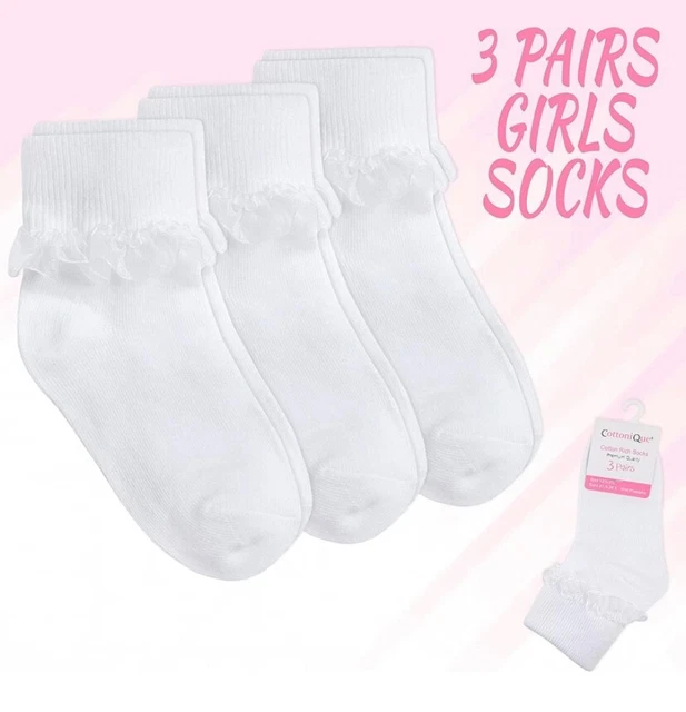 3 Pairs Girls Kids White Frilly Lace Cotton Ankle School Socks Size 6-8.5 /23-26