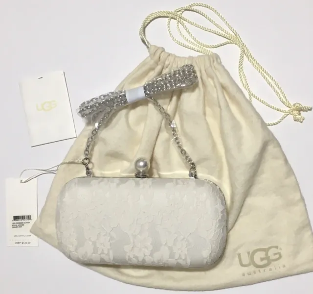 NWT UGG I Do! Promise Clutch Off White Wedding Faux Pearl Closure Lace Dust Bag