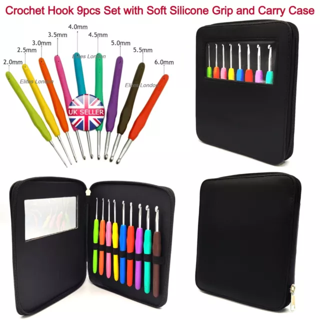 9Pcs Crochet Hooks Set Soft Grip Handles Knitting Needles Multi Color Aluminum