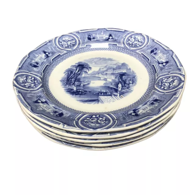 Set  5 Antique WEDGWOOD Blue Transfer Plates CALIFORNIA Pearl Stone Ware 9.75"