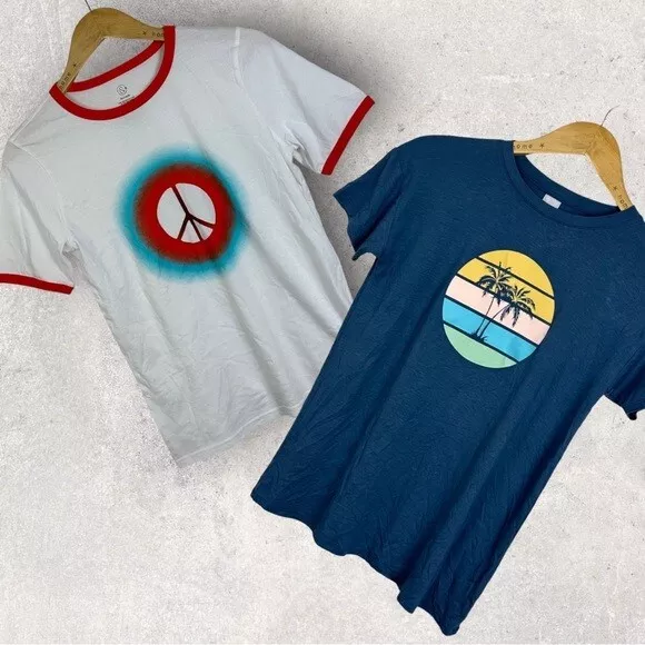 NEW Nordstrom Set of 2 T-Shirts Peace Palm Tree Graphic Print Girls XL Surf Tees