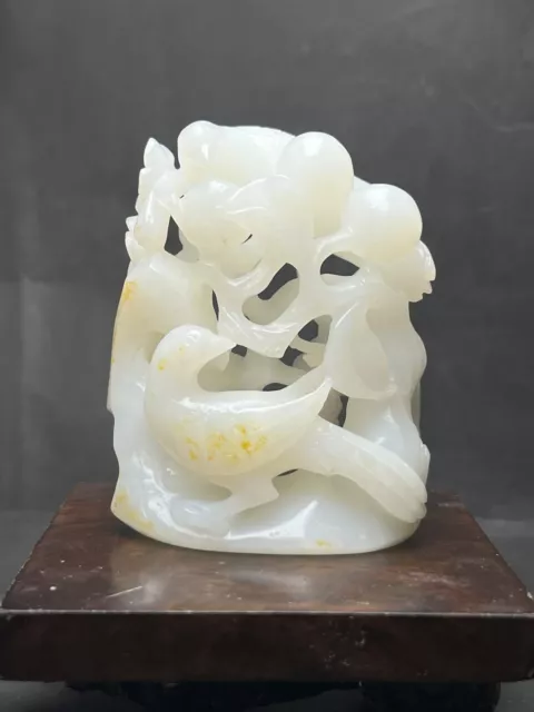 Chinese Exquisite Handmade Flowers and Bird carving Hetian Jade Statue
