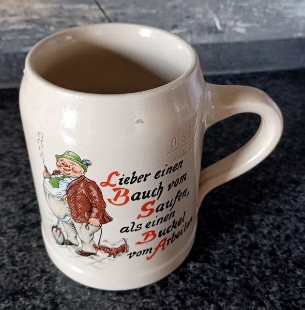 ALTER BIER KRUG Steingut 0,5 l Ambert mit Spruch Lieber einen Bauch