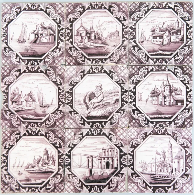 Nice fine field of 9 Dutch Rotterdam manganese tile, landscapes, 18th/19th. ct.