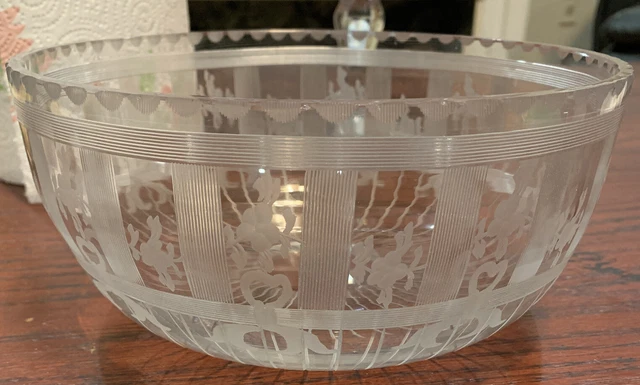 Antique 8" Serving Bowl, Signed Hawkes American Brilliant Cut Glass Floral Bows