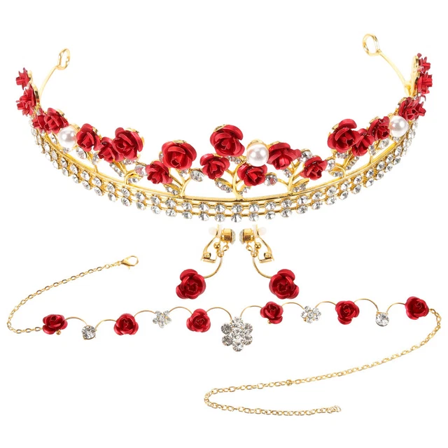 1 Ensemble Rouge Rose Fleur Couronne Cheveux Bijoux Pour Le Mariage