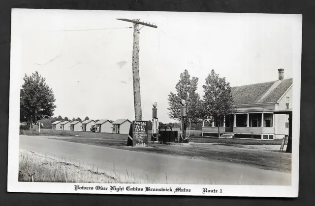 1930's Brunswick, ME - Powers Ober Night Cabins & Tydol Gas Station RPPC