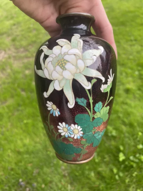 Antique Japanese Ginbari Cloisonne Flowers Vase 6” Meiji