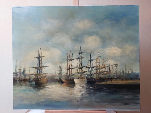 Tableau Peinture - Bateau Et Barque Au Port - Toile D'occasion - Ambiance Marine