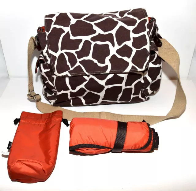 OiOi Giraffe Print Canvas Diaper Bag + Changing Pad Insulated Bottle Bag & Box