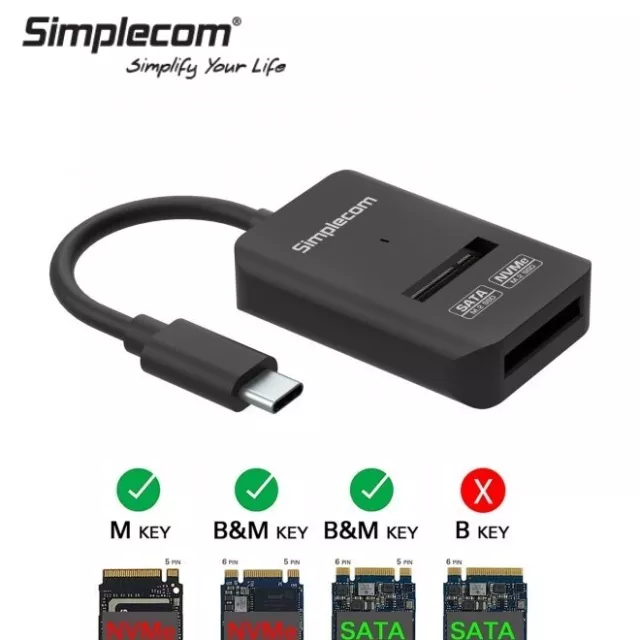 Simplecom NVMe + SATA 2 in 1 M.2 SSD to USB C Type C Adapter Converter USB 3.2