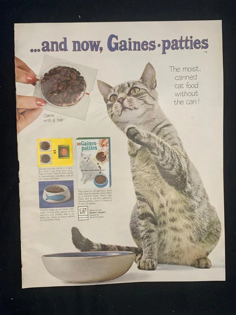 Magazine Ad* - 1965 - Gaines-Patties Cat Food - grey & white