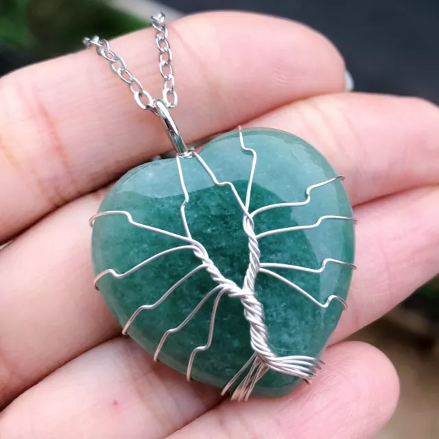 Aventurine Gem stone Tree of life Necklace Heart  Chakra Reiki Healing Amulet