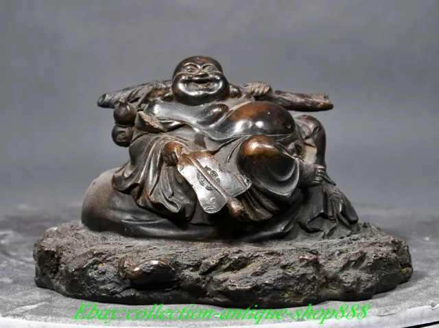 Old Chinese Buddhism Bronze Gilt Happy Laugh Maitreya Buddha fan Coin Bag Statue