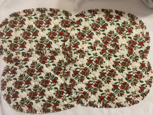 Vintage Christmas Quilted Ruffle Placemats Poinsettias Bells - Set of 4