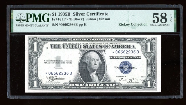 DBR $1 1935-B Silver Vinson STAR Fr. 1611* PMG 58 EPQ Serial *06662936B
