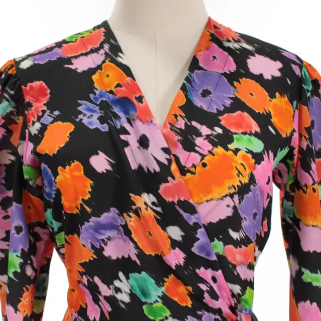 MSGM NWOT Long Sleeve Floral Print Wrap Mini Dress Size 40 US 6 in Black/Multi 2