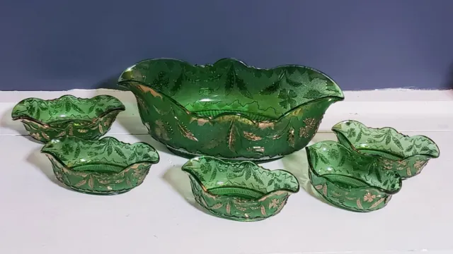 ANTIQUE U.S. Glass EAPG DELAWARE Emerald Green Oval Berry Set 6 PIECE SET