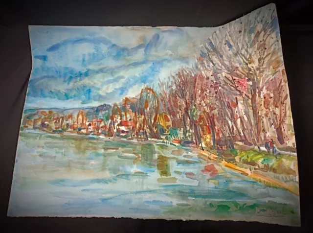 Ancienne XXème grande aquarelle signé Samuele 92 Sujet rivière et foret