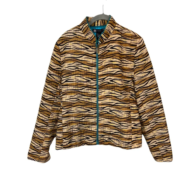 Animal Print Silk Jacket Vintage Carole Little Women's Size L Quilted Full Zip