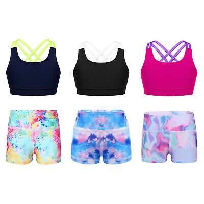 Girls Sports Shorts Set Crop Tank with Shorts Summer Swimming Dancing Outfits