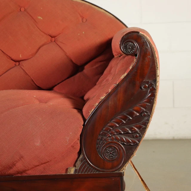 Restoration Boat Sofa Mahogany Padded Fabric - Italy 19th Century 🇮🇹 3
