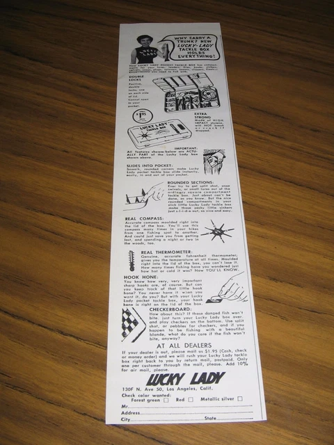 1956 Print Ad Lucky Lady Fishing Tackle Box Pretty Woman Holds Fish Los Angeles
