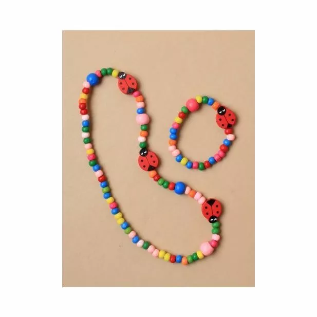 NEW Childrens bright bead coloured wooden ladybird necklace bracelet set UK