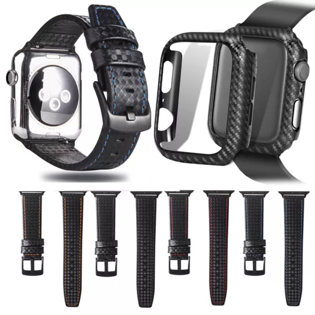 CARBON FIBRE Genuine Leather Band Strap Cover Case For Apple Watch Series 654321