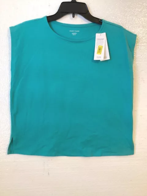 Eileen Fisher Turquoise Ballet Neck Short Box Top Cotton Blend Sz XXS NWT $118