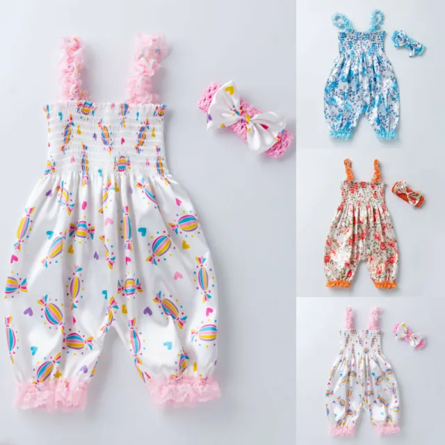 Newborn Baby Girls Outfits Ruffle Floral Sling Romper Jumpsuit+Headband Sets