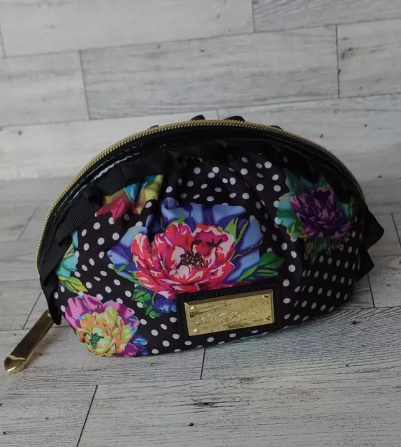 Betsey Johnson XOX Black and Floral Polka Dot Cosmetic Bag with Ruffles