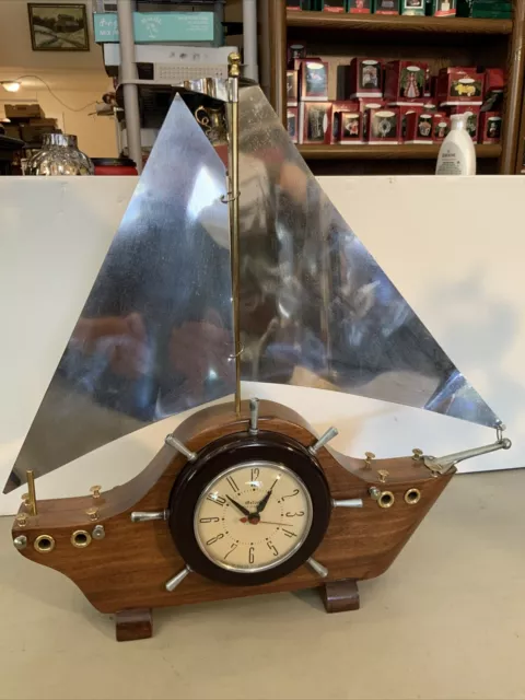 WORKS! Vintage Wood Nautical Sailing Boat Ship Electric Clock OXFORD