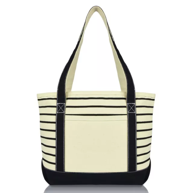 DALIX Striped Tote Deluxe Shoulder Bag Cotton Canvas