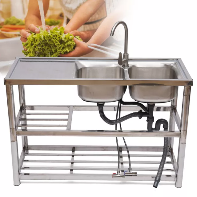 2 Compartment Sink Commercial Utility Sink Restaurant Kitchen Sink W/360° Faucet