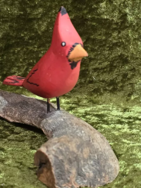 Hand Carved & Painted Rustic Folkart Red Cardinal On Wood ~ Signed By Artist